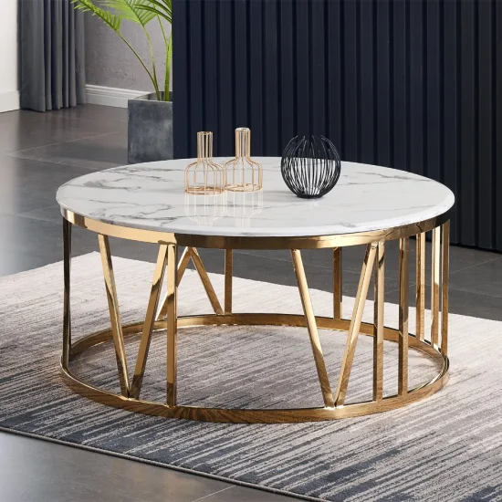 Modern Design White Marble Top Gold Stainless Steel Square Coffee Table for Home Living Room Furniture